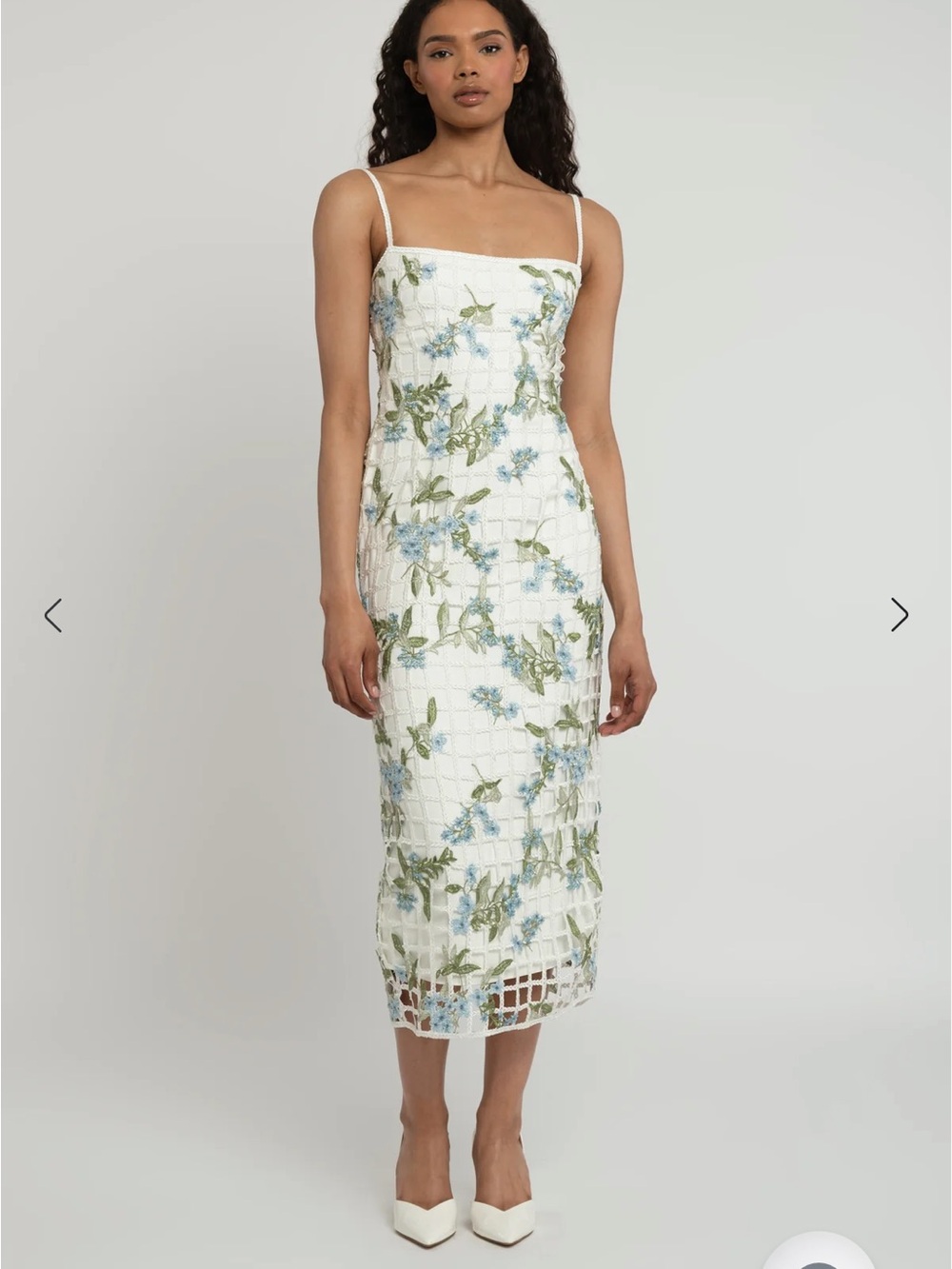 Jenny Yoo White Lace Midi Dress with Blue & Green Floral Embroidery